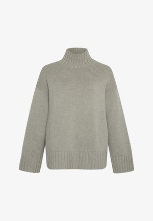 Grijze gebreide trui met een hoge ribbelkraag, losse pasvorm en ribbelboorden en -zoom. Textuurstof met een zachte uitstraling.