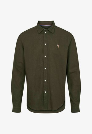 Olive green long-sleeve shirt made of linen, featuring a button-down collar, white buttons, and a small embroidered logo on the chest.