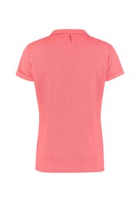 Korte mouwen polo shirt in licht koraal, met een puntige kraag en een kleine lus aan de achterkant voor de sluiting. Gemaakt van glad, lichtgewicht materiaal.
