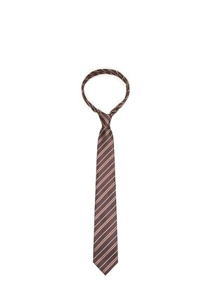 Brun slips med diagonale beige striber bundet i en løs knude på hvid baggrund.