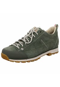 Green suede hiking shoe with a rubber toe cap, textured surface, and beige laces. Features a speckled white midsole and rugged outsole.