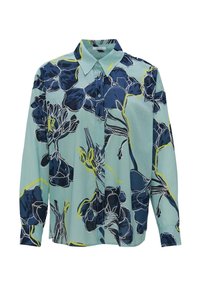 Floral button-up shirt features a light blue base with navy and lime green floral patterns, made of soft, lightweight fabric with a classic collar.