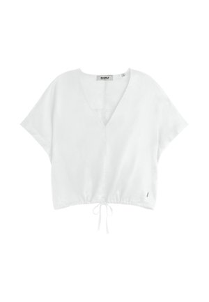 Haut blanc court à manches courtes avec col en V et ourlet ajustable à cordon, en tissu léger, étiqueté ECOALF.