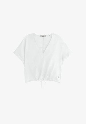 Haut blanc court à manches courtes avec col en V et ourlet ajustable à cordon, en tissu léger, étiqueté ECOALF.