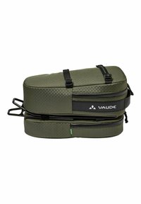 Grüne Vaude-Tasche mit strukturierter Oberfläche, zwei Reißverschlussfächern, verstellbaren Trägern und einem stabilen Metallrahmen. Kompaktes und schlankes Design.