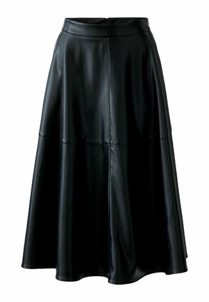 Black leather flared skirt with a fitted waist, featuring seams that add dimension, and a smooth, shiny texture. Zipper closure at the back.