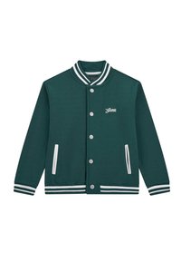 Giacca varsity in pile verde con colletto a coste, dettagli a righe bianche, bottoni a scatto e tasche laterali. Logo del marchio sul petto.