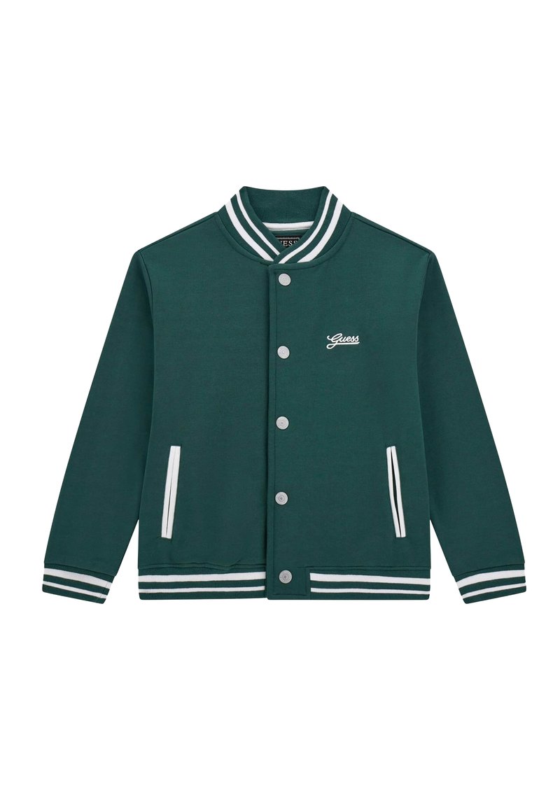 Giacca varsity in pile verde con colletto a coste, dettagli a righe bianche, bottoni a scatto e tasche laterali. Logo del marchio sul petto.