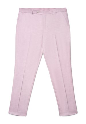 Hellrosa maßgeschneiderte Hose mit vorderen Falten, Knopfverschluss, Gürtelschlaufen und Seitentaschen auf weißem Hintergrund.