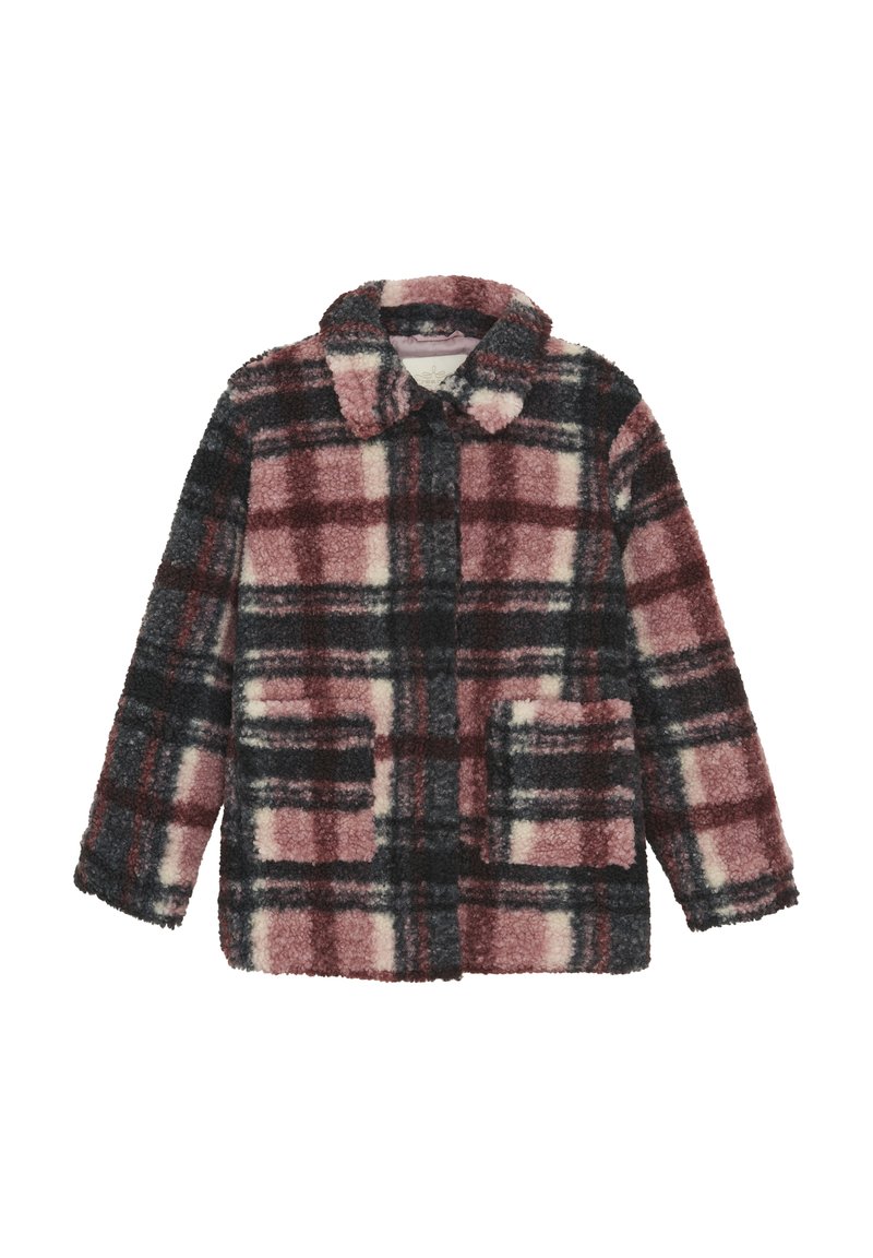 Plush, rutigt jacka med vinröda, kremfärgade och marinblå färger, en krage, två framfickor och en mjuk, strukturerad yta.
