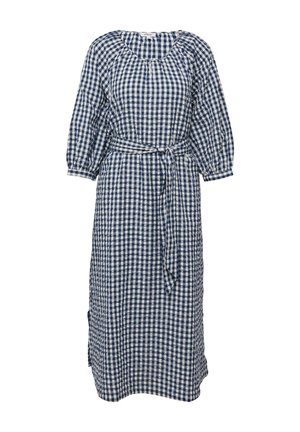 Blauw-witte geruite midi-jurk met 3/4 pofmouwen, ronde halslijn en een bijpassende stoffen riem in de taille.
