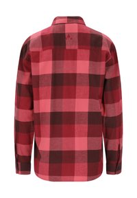 Rød og sort ternet flannel skjorte, lange ærmer, knaplukning ved håndleddene, rygdetalje, blød tekstur, afrundet kant, afslappet design.