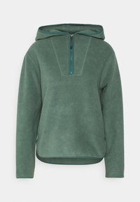 Pullover in felpa verde con cappuccio e chiusura con mezza zip frontale, dotato di maniche lunghe e orlo leggermente curvo.