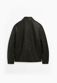 Black leather jacket with a straight cut, flat collar, and visible stitching. Smooth texture with slightly padded shoulders and long sleeves.