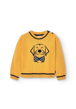 Gul børnesweater med et smilende hundeansigt og ternet butterfly-design, med sort kant og to skulderknapper.