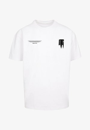 Witte katoenen t-shirt met korte mouwen, voorzien van zwarte tekst op de voorkant en een grafisch ontwerp aan de linkerkant.