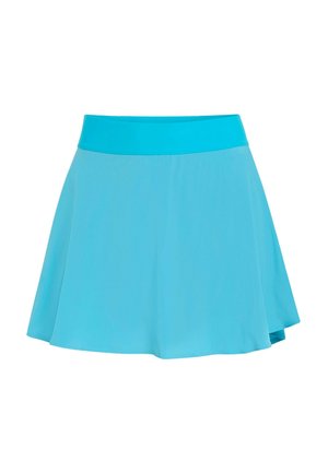 Een lichtblauwe, uitlopende rok met een brede tailleband, gemaakt van gladde stof. De zoom is licht gebogen, wat zorgt voor een ontspannen pasvorm.