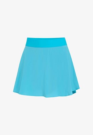 En lyseblå, udvidet nederdel med en bred taljebånd, lavet af glat stof. Nederkanten er let buet, hvilket giver en afslappet pasform.