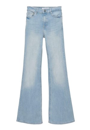Jeans di denim azzurro chiaro a vita alta con bottone frontale e cerniera, cinque tasche e gambe larghe svasate.