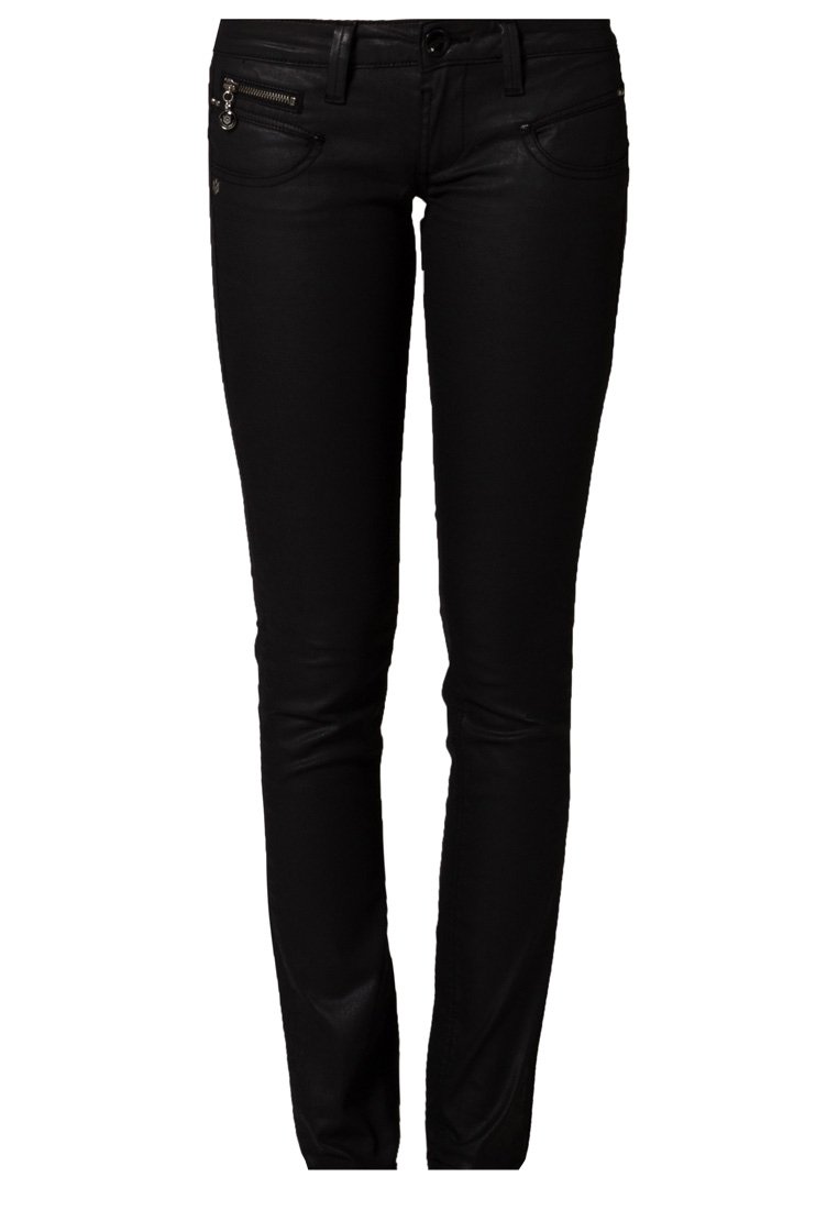 Pantalones vaqueros negros ajustados con una textura suave, con bolsillos frontales y un detalle con cremalleras en el muslo izquierdo. Diseño ajustado.