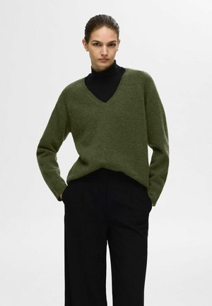 Selected Femme SLFLULU NEW V NECK - Svetr - khaki