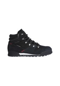 Czarne, półwysokie buty trekkingowe zamszowe z siateczką, z metalowymi oczkami, teksturowanymi sznurowadłami i wytrzymałą gumową podeszwą zapewniającą przyczepność.