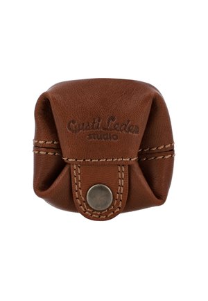 Brown leather pouch with folded design, secured by a metal snap button. Features contrast stitching and embossed brand logo on the front.