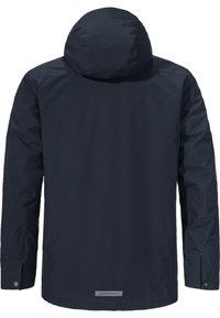 Marineblaue Jacke mit Kapuze, glatte Textur, lange Ärmel und Druckknopfmanschetten. Mit einem kleinen Logo nahe dem Saum auf der Rückseite.