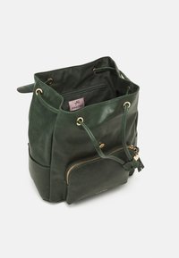 Green leather bucket bag with gold hardware, drawstring closure, and external zip pocket. Interior features lining and branding label.