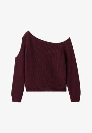 Burgundinpunainen olkapäiden paljastava neulepaita, jossa on ribbineulos, pitkät hihat ja rento istuvuus. Siinä on leveä pääntie ja yksivärinen.