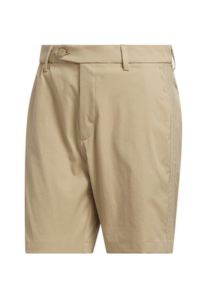 Beżowe męskie szorty z zapięciem na guzik, szlufkami na pasek, kieszeniami bocznymi oraz subtelnym przeszyciem wzdłuż bocznego szwu.