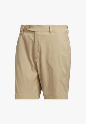 Pantaloncini beige da uomo con chiusura a bottone, passanti per cintura, tasche laterali e dettaglio discreto di cucitura sulla cucitura laterale.