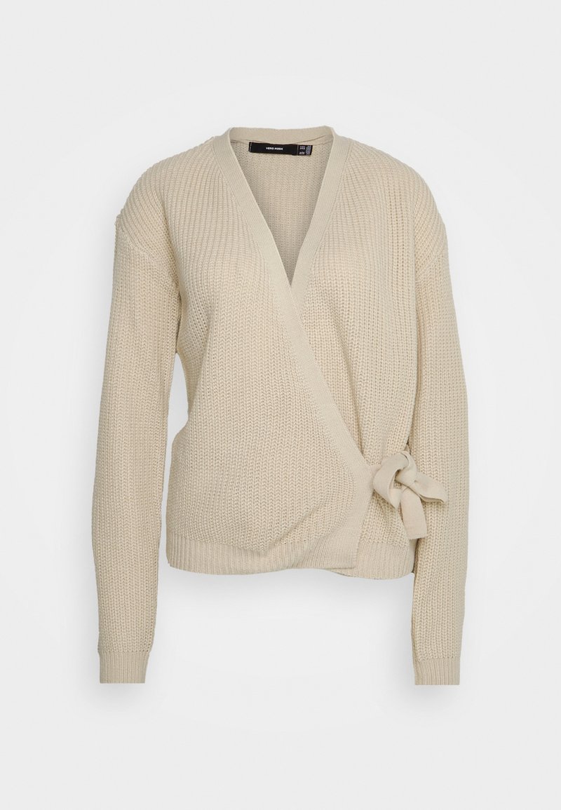 Cardigan beige con design a maglia testurizzata, scollatura a V profonda, maniche lunghe e dettaglio con fiocco laterale in vita. Finitura liscia.