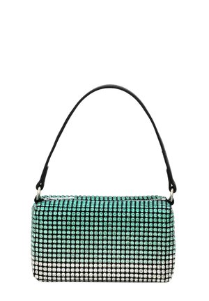 Borsa nera decorata con strass turchesi e argento, forma rettangolare con manico superiore, texture liscia e chiusura con cerniera.