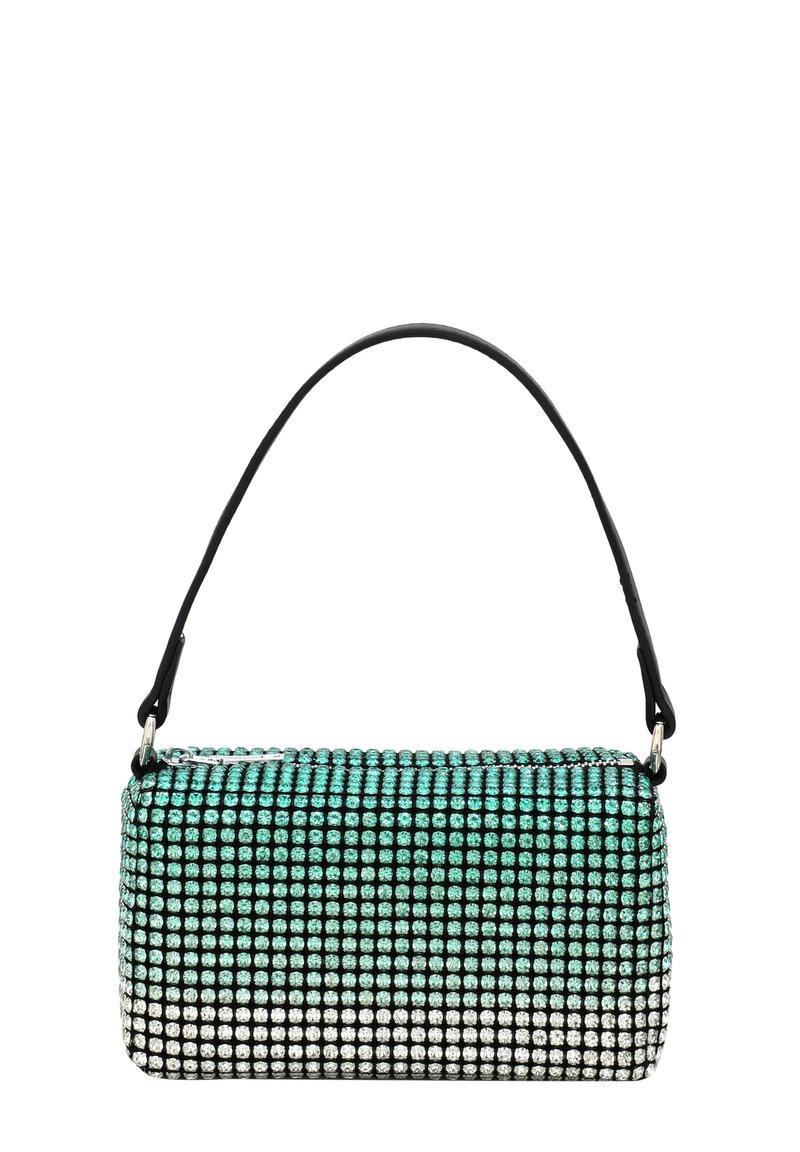Borsa nera decorata con strass turchesi e argento, forma rettangolare con manico superiore, texture liscia e chiusura con cerniera.