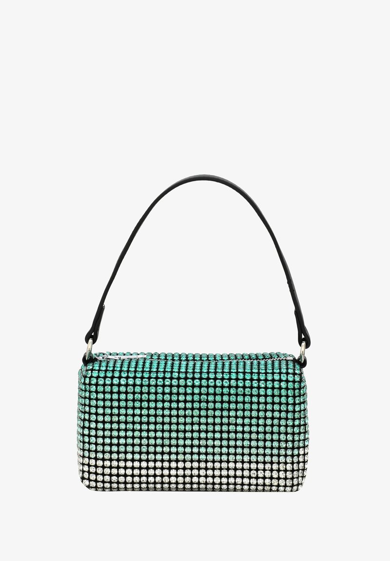 Borsa nera decorata con strass turchesi e argento, forma rettangolare con manico superiore, texture liscia e chiusura con cerniera.
