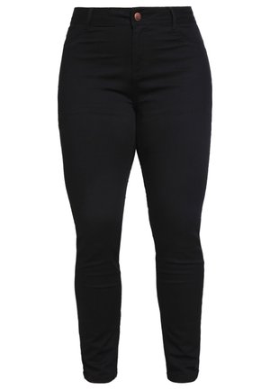 Zwarte, slim-fit jeans gemaakt van een katoenen blend stof. Heeft een knoopsluiting, vijf zakken en een gladde textuur.