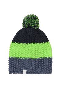 Stickad mössa i mörk marinblå, ljusgrön och grå ränder, med en texturerad yta och en grön pom-pom på toppen. Liten logotags ingår.