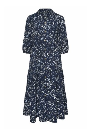 Abito midi blu navy con bottoni, motivo a foglie bianche, maniche corte a sbuffo, colletto e gonna a balze.