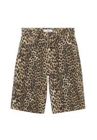 Beżowo-czarne szorty w panterkę, z klasycznym wzorem pięciu kieszeni i dopasowanym pasem zapinanym na guzik.