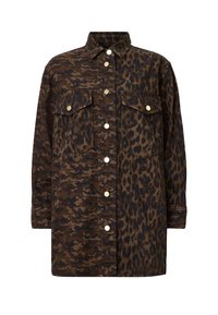 Camicia con bottoni che presenta due fantasie di tessuto: camuffamento da un lato e stampa leopardata dall'altro. Toni marroni con accessori in metallo dorato.