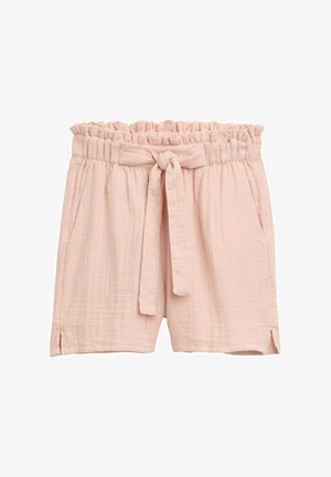Pantalones cortos de algodón rosa claro con una cintura volada, cinturón atado y bolsillos laterales, con un acabado texturizado y tejido, y ligeras aberturas laterales.