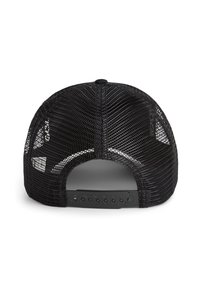 Black mesh cap with a structured shape. Features a plastic adjustable strap at the back and ventilation holes for breathability.