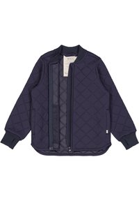 Granatowa pikowana kurtka z diamentowym wzorem, ściągacze przy mankietach i kołnierzu, pełny zamek błyskawiczny oraz wewnętrzna metka; miękka tkanina o swobodnym fasonie.
