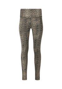 Hoge taille leopardprint legging met een strakke pasvorm en enkelhoogte, met zwarte en beige vlekken op een beige achtergrond.