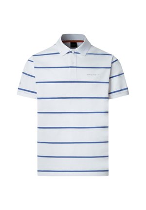 White short-sleeve polo shirt with blue horizontal stripes, two-button placket, and "Hackett" logo on the left chest.