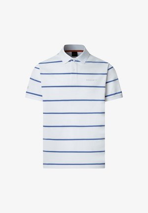 Polo blanc à manches courtes avec des rayures horizontales bleues, une patte à deux boutons et le logo "Hackett" sur la poitrine gauche.