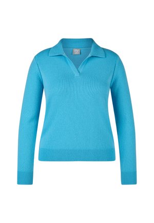 Long-sleeve, bright blue knit sweater with a ribbed collar, cuffs, and hem, featuring a V-neck and small fold-over collar.