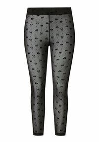 Černé legíny s průhlednou látkou a opakujícím se vzorem malých mašlí. Vysoký pas s hladkým povrchem a přiléhavým střihem.