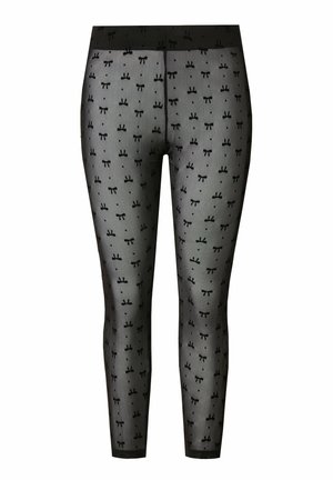 Černé legíny s průhlednou látkou a opakujícím se vzorem malých mašlí. Vysoký pas s hladkým povrchem a přiléhavým střihem.